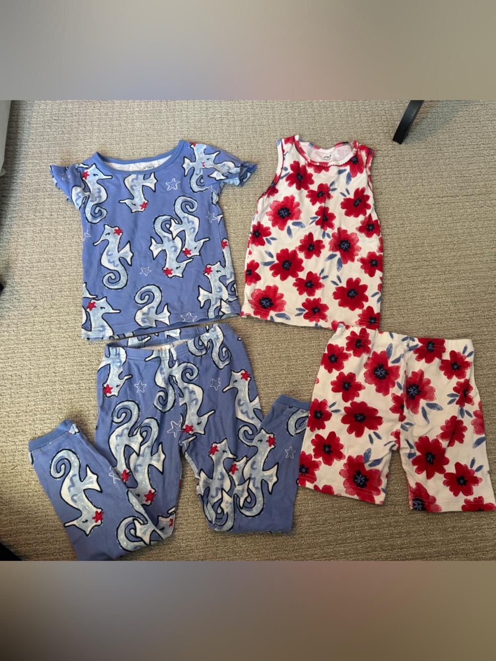 5T girls 2-Piece Pajama Sets - Blue Seahorse & White Floral mix and match